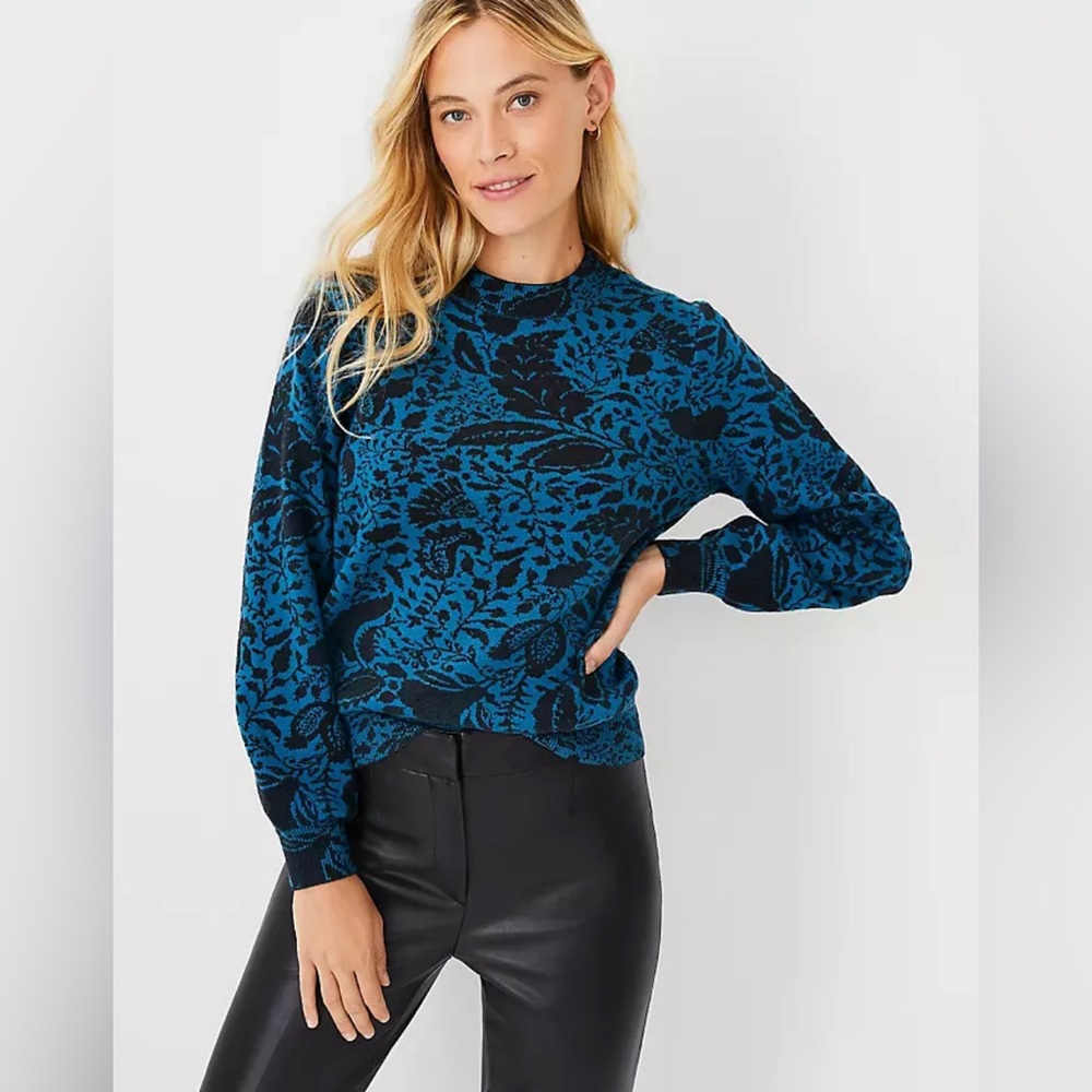 Ann Taylor Floral Jacquard Easy Crew Neck Black and Blue Patterned Sweater